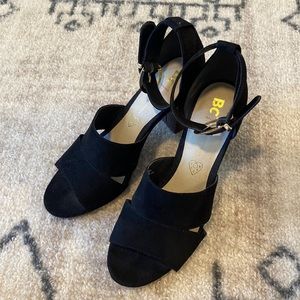 Black open toed sandals with ankle strap